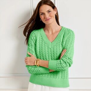Talbots Open Stitch V-Neck 100% Cotton Sweater in Heritage Green - Medium